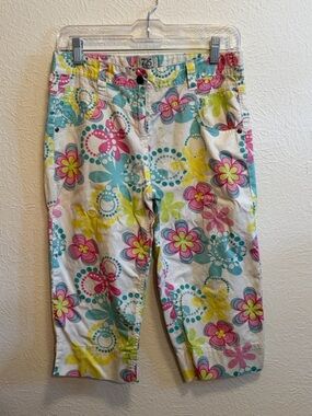 🌸🌸🌸3 for 12$🌸🌸🌸Girls' Floral Capri Pants - White with Pink, Teal & Yellow-18